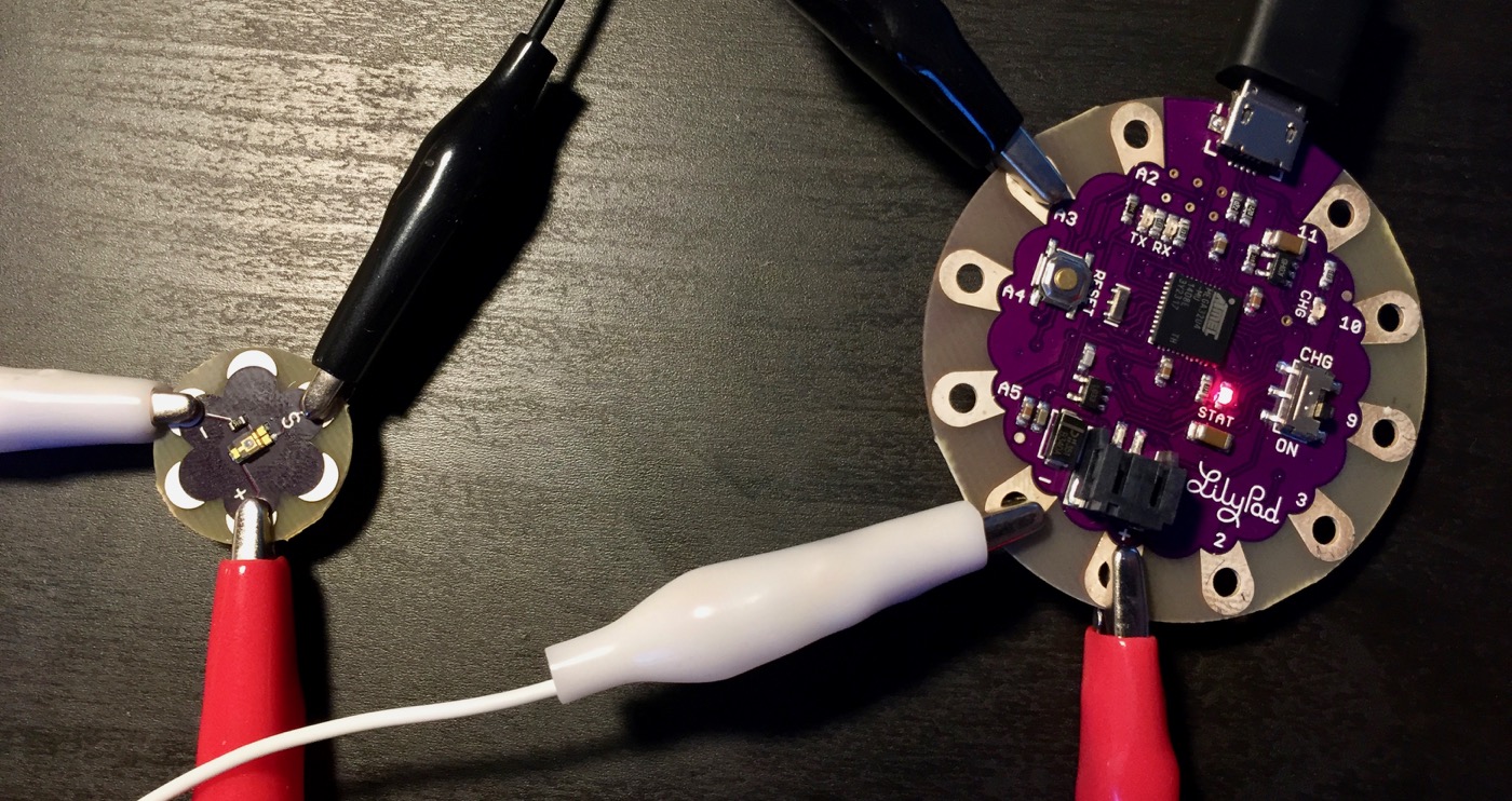 Photo of LilyPad Arduino with light sensor connected as input.