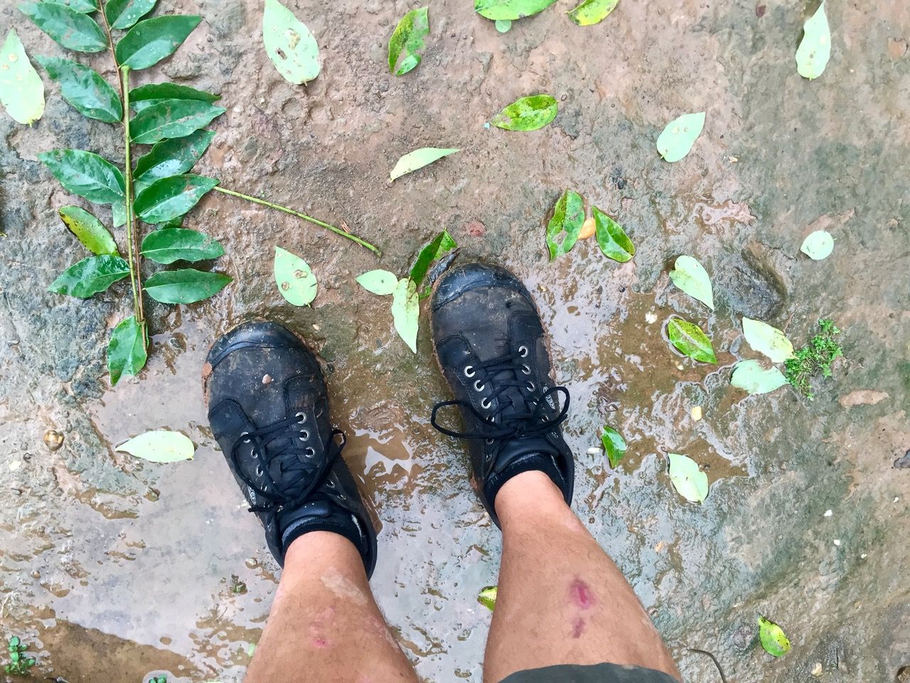 Muddy shoes in the rain.