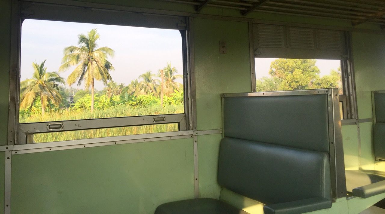 An empty third-class train car from Bangkok to Ayutthaya.