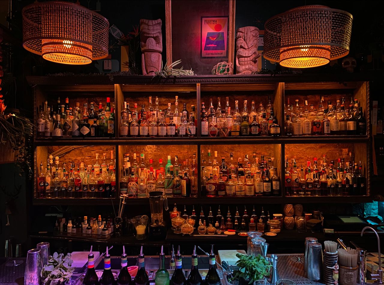 A well-stocked, classy looking Tiki bar