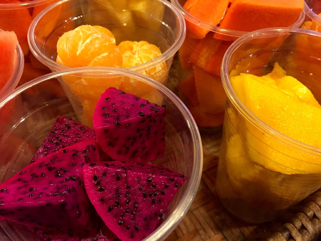 Various fruits, in particular red dragon fruit.