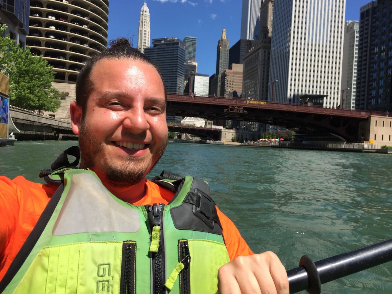 Selfie from a kayak in the Chicago river.
