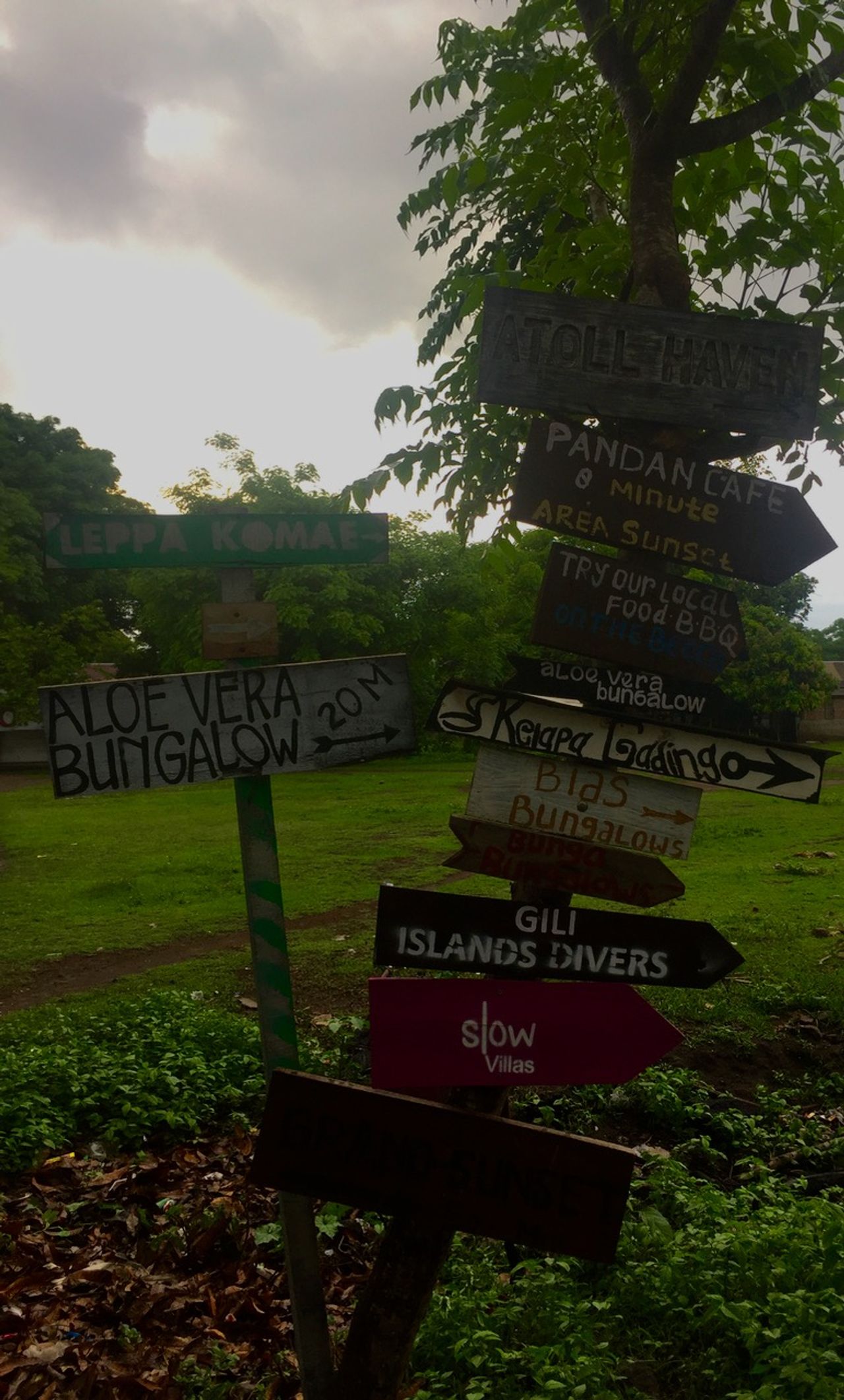 Wooden signs pointing toward various homestays and bungalows.