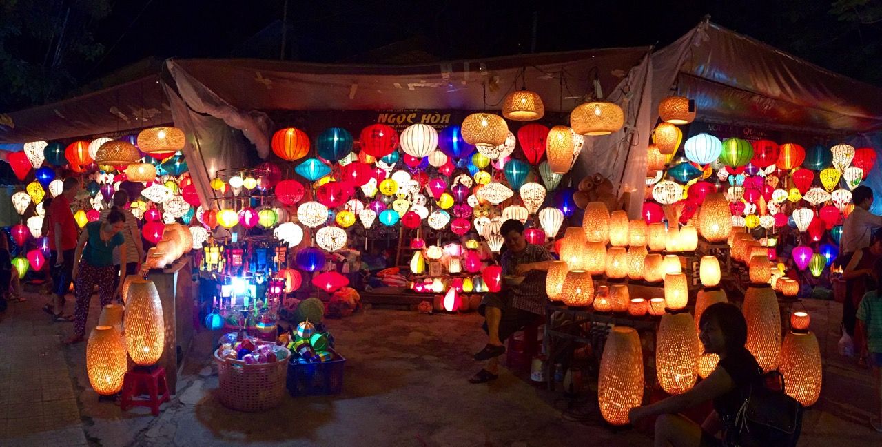 Dozens of lit lanterns at the night market in Hoi An.