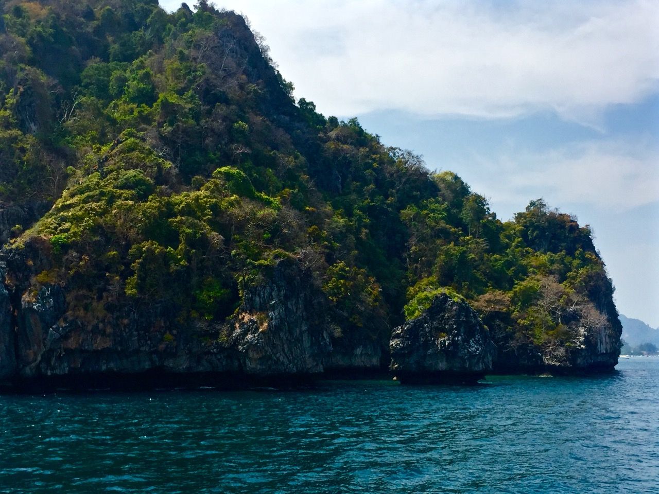 Tree-covered islands with steep cliffs meeting the ocean.