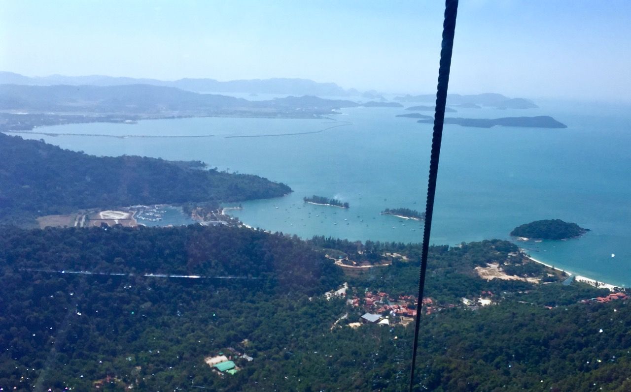 Panoramic from inside cable car overlooking south islands of Langkawi.