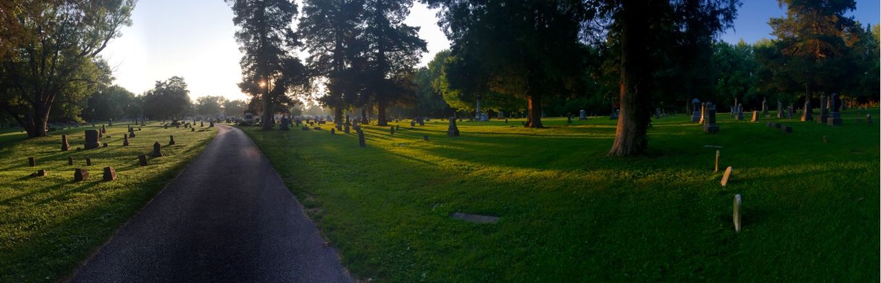Panoramic of a cemetery road at sunset.