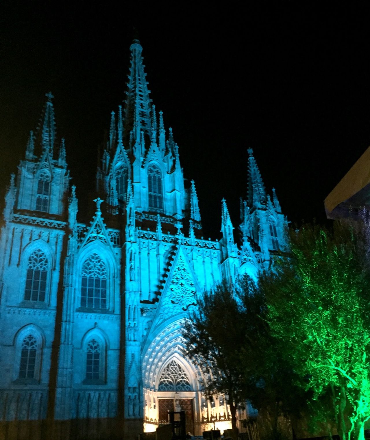 A church lit by blue light.
