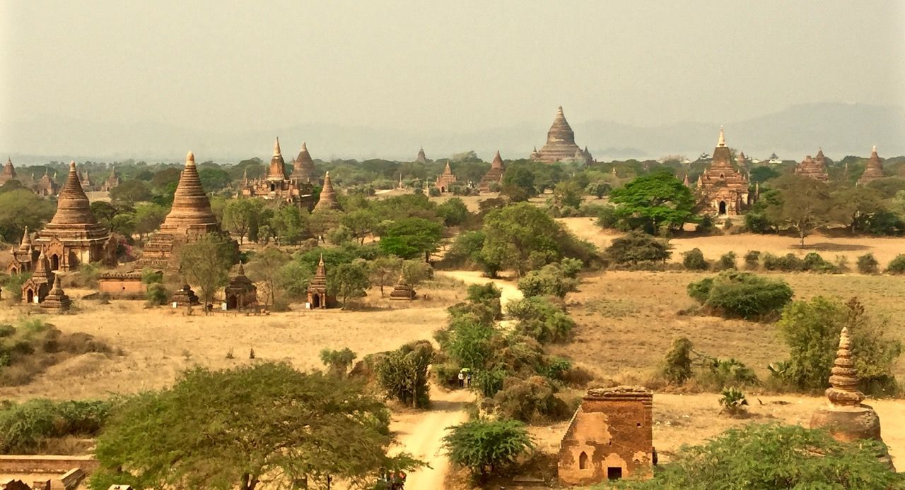 Panoramic of Bagan featuring many temples.