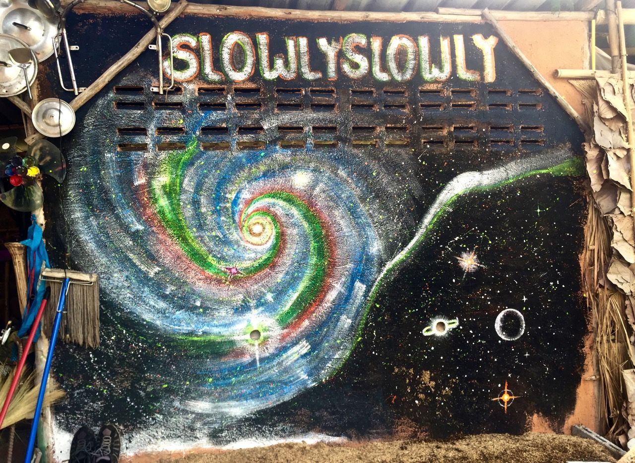 Wall mural reading 'slowly slowly'