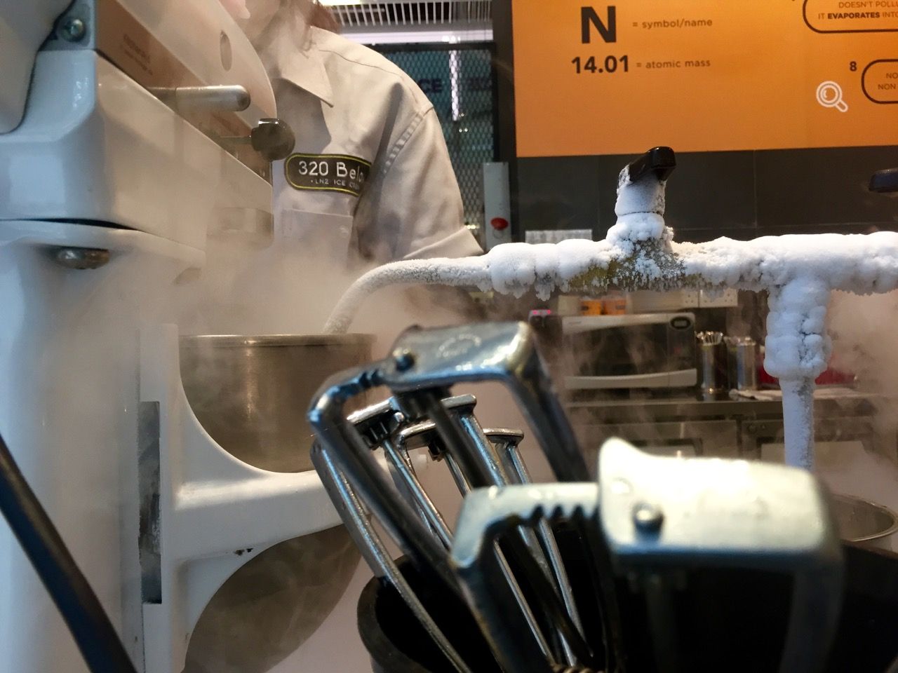 Ice cream being made using liquid nitrogen instead of water ice.