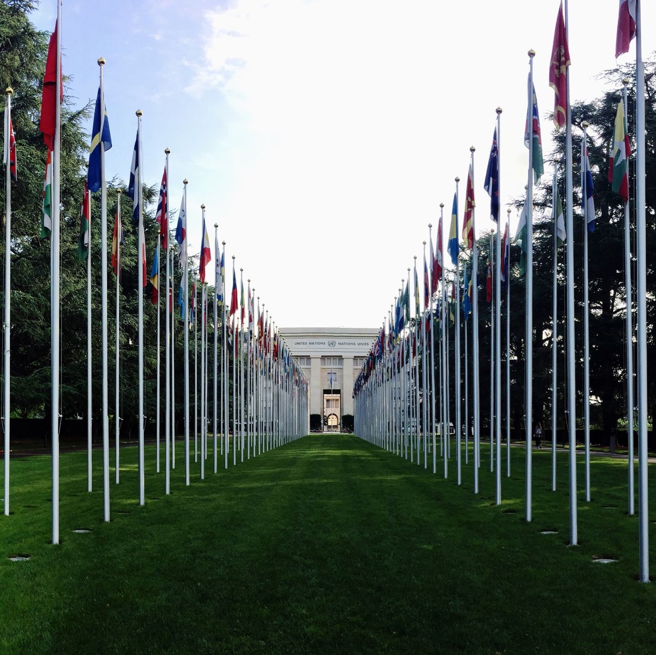 Rows of flags leading to a building in the United Nations headquarters.